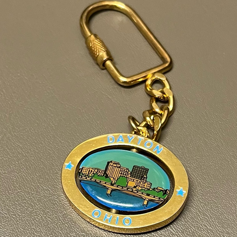 Vintage Dayton Ohio Keychain Double Sided Spinning Acrylic Metal Souvenir